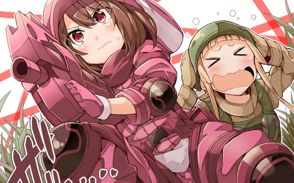 HD desktop wallpaper featuring Miyu Shinohara as LLENN and Karen Kohiruimaki from the anime Sword Art Online Alternative: Gun Gale Online in dynamic action poses.