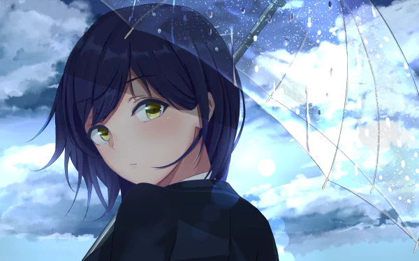 An anime-style HD wallpaper featuring a close-up of Rin Shizuka with blue hair, yellow eyes, and a blush, holding a transparent umbrella against a cloud-filled sky background.