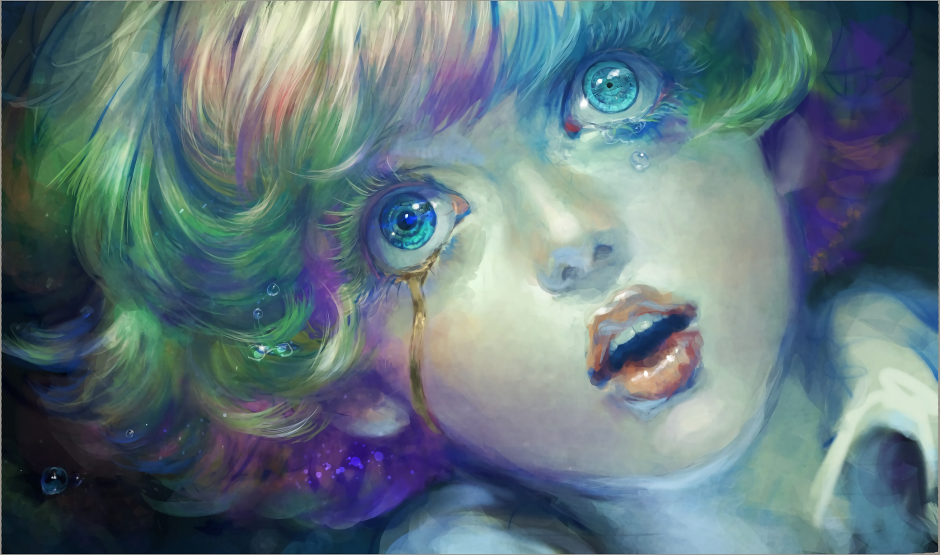 HD PC desktop wallpaper and background: surreal painted close-up of a doll-like face with rainbow hair, glossy lips and luminous blue eyes shedding a golden tear.