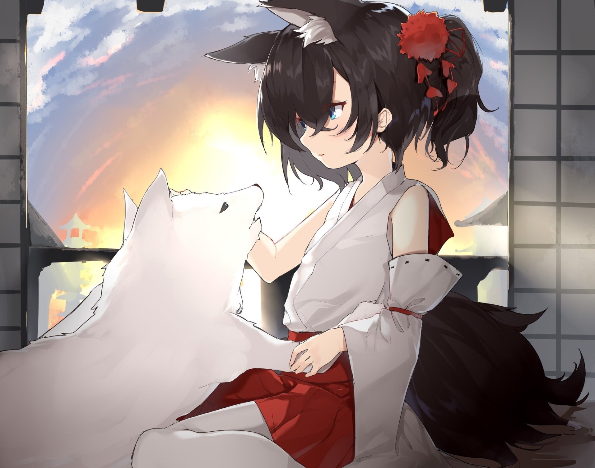 HD PC desktop wallpaper of an original anime miko with short black hair and blue eyes, gently petting a white dog against a glowing anime sunset background.