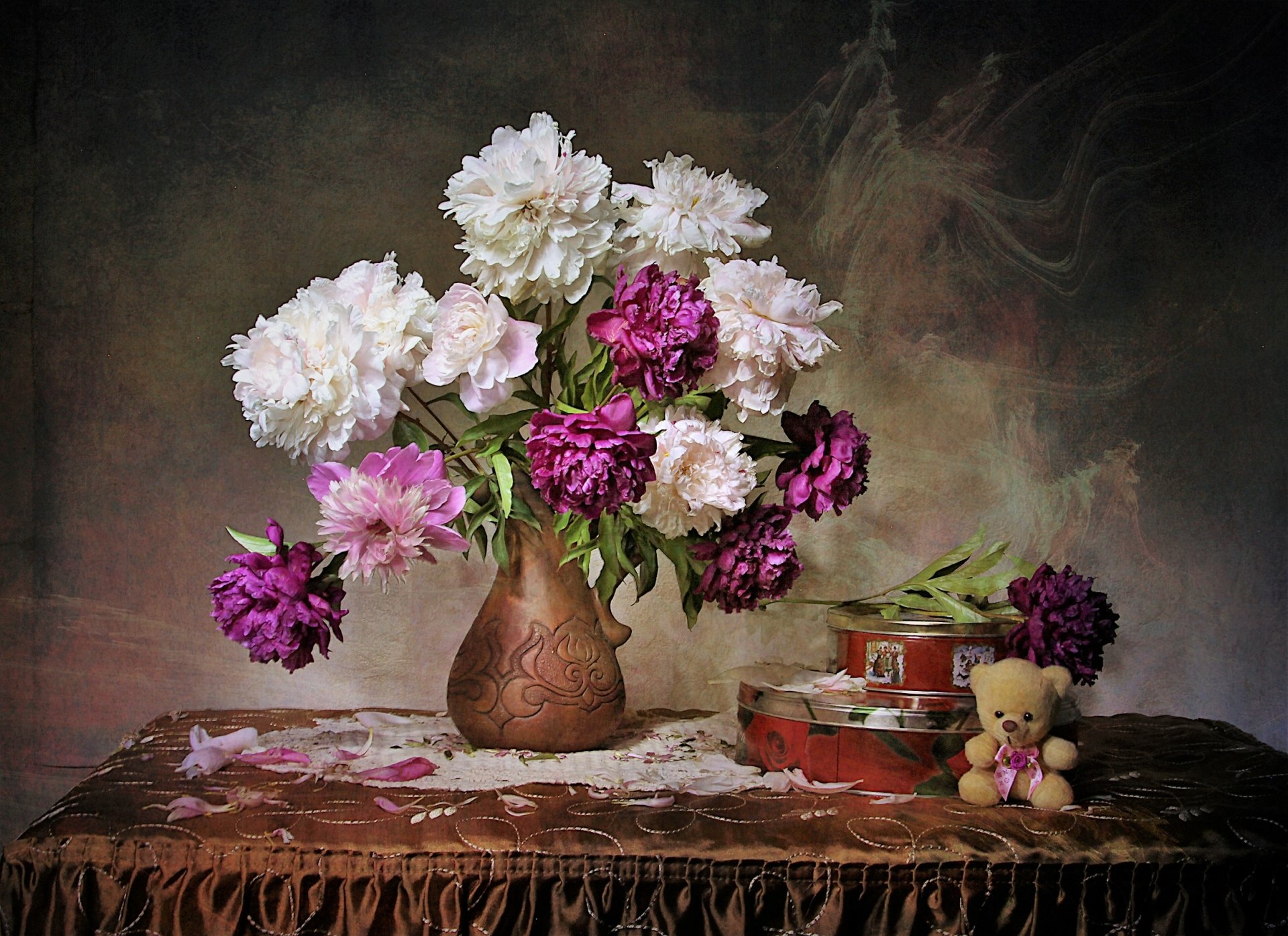 Download Teddy Bear Peony Flower Vase Photography Still Life HD Wallpaper