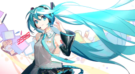 Hatsune Miku (Vocaloid) anime 5K Ultra HD PC desktop wallpaper — teal twin-tails, headset and futuristic outfit, flowing hair over a pastel cityscape.
