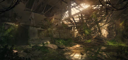 HD PC desktop wallpaper depicting a sci-fi post-apocalyptic scene inside a ruined, overgrown industrial structure with sunlight filtering through broken ceilings.