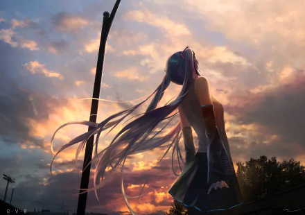 HD desktop wallpaper featuring Hatsune Miku from Vocaloid, gazing towards a stunning sunset sky, with her hair flowing in the breeze. The scene showcases vivid colors and an anime art style.