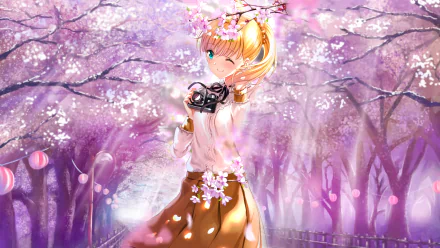 Anime-style HD desktop wallpaper of Teresa Wagner from Tada-kun wa Koi wo Shinai, holding a camera amidst vibrant pink blossom trees.