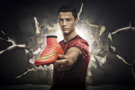 Cristiano Ronaldo holding a soccer cleat against a dramatic cracked wall background. HD desktop wallpaper, showcasing the Portuguese soccer icon.