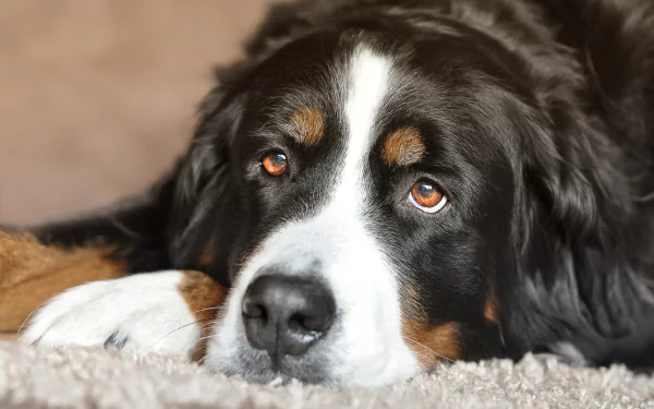 Close-up of a Bernese Mountain Dog resting on a soft surface, captured in 4K Ultra HD quality for a detailed PC desktop wallpaper.