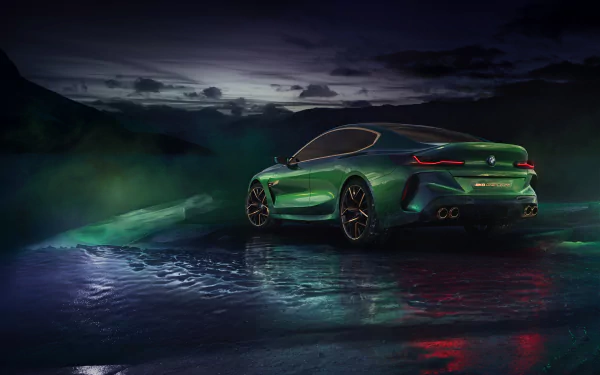 Green BMW M8 Gran Coupe grand tourer parked on a wet road at night under dramatic clouds — 5K Ultra HD PC desktop wallpaper and background.