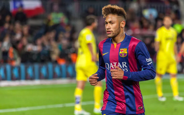 Neymar, the Brazilian soccer star, in action wearing Barcelona's kit during a match, captured in stunning 4K Ultra HD for a PC desktop wallpaper background.
