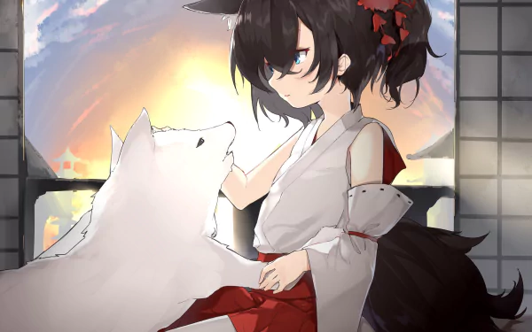 HD PC desktop wallpaper of an original anime miko with short black hair and blue eyes, gently petting a white dog against a glowing anime sunset background.