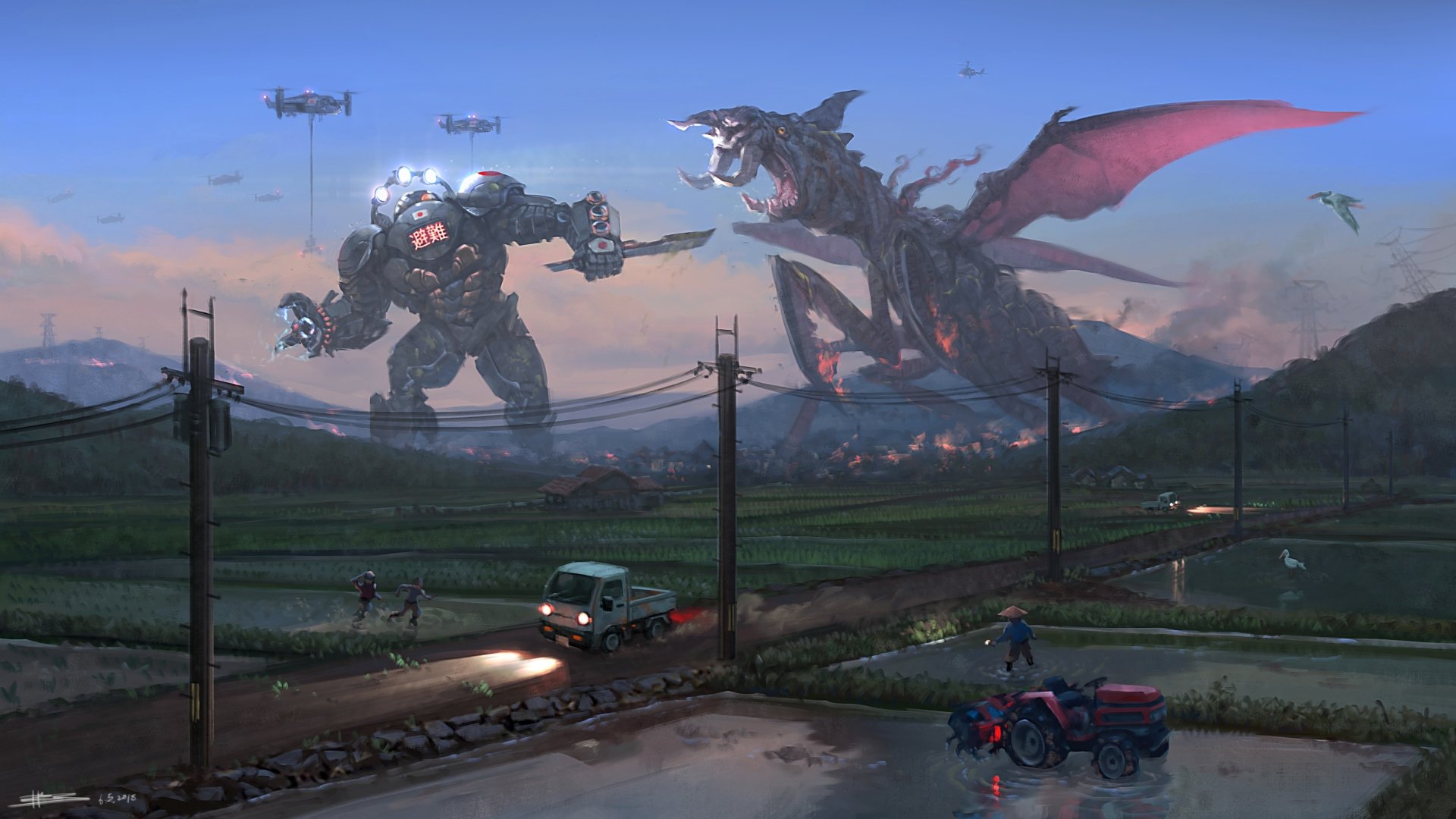 A 4K Ultra HD Sci-Fi battle scene featuring a towering mecha robot facing off against a massive alien monster creature at dusk on a rural PC desktop wallpaper background.
