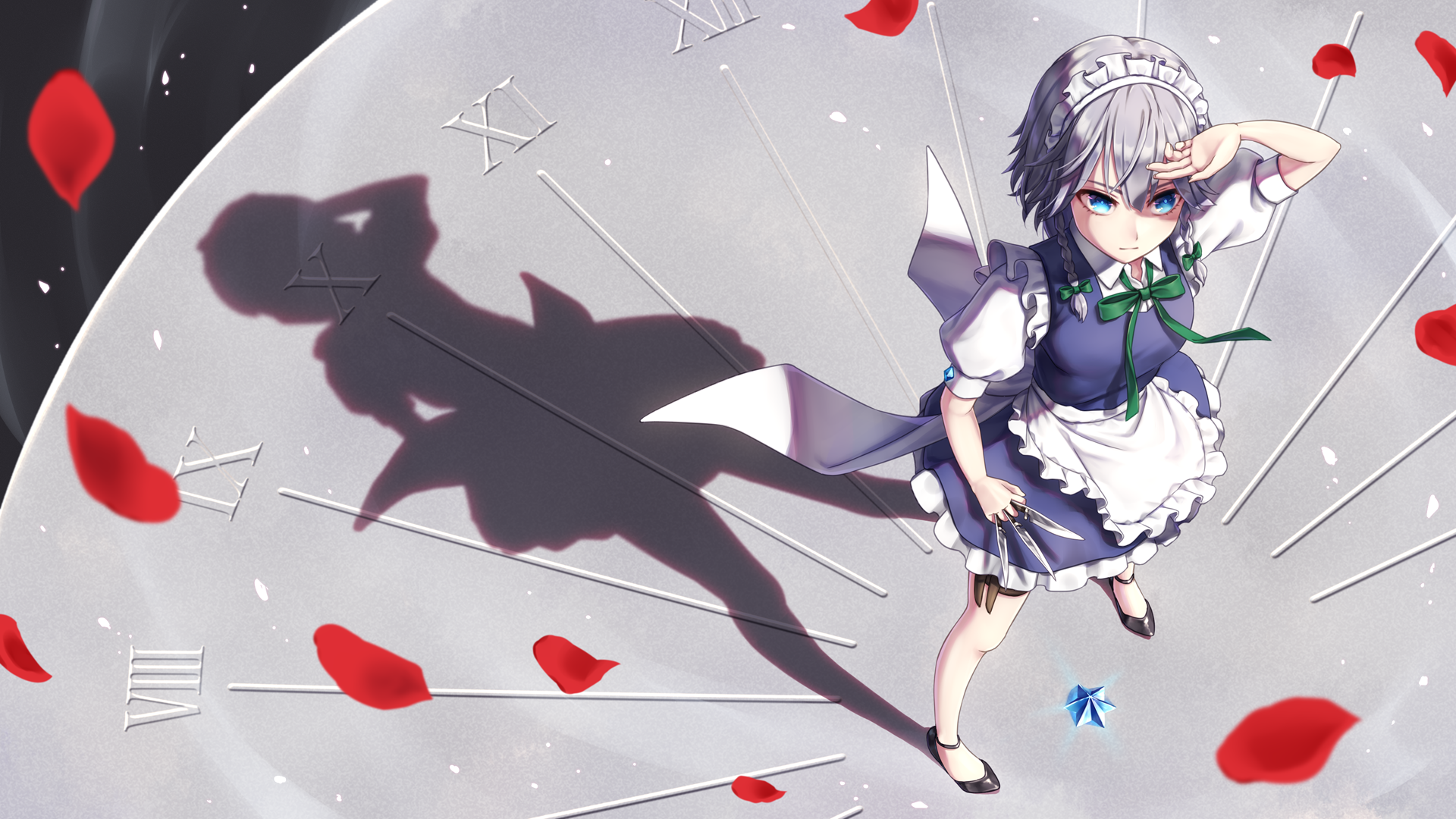 HD PC desktop wallpaper/background featuring Touhou anime character Sakuya Izayoi in her maid outfit standing on a giant clock face under moonlight, red petals drifting around.