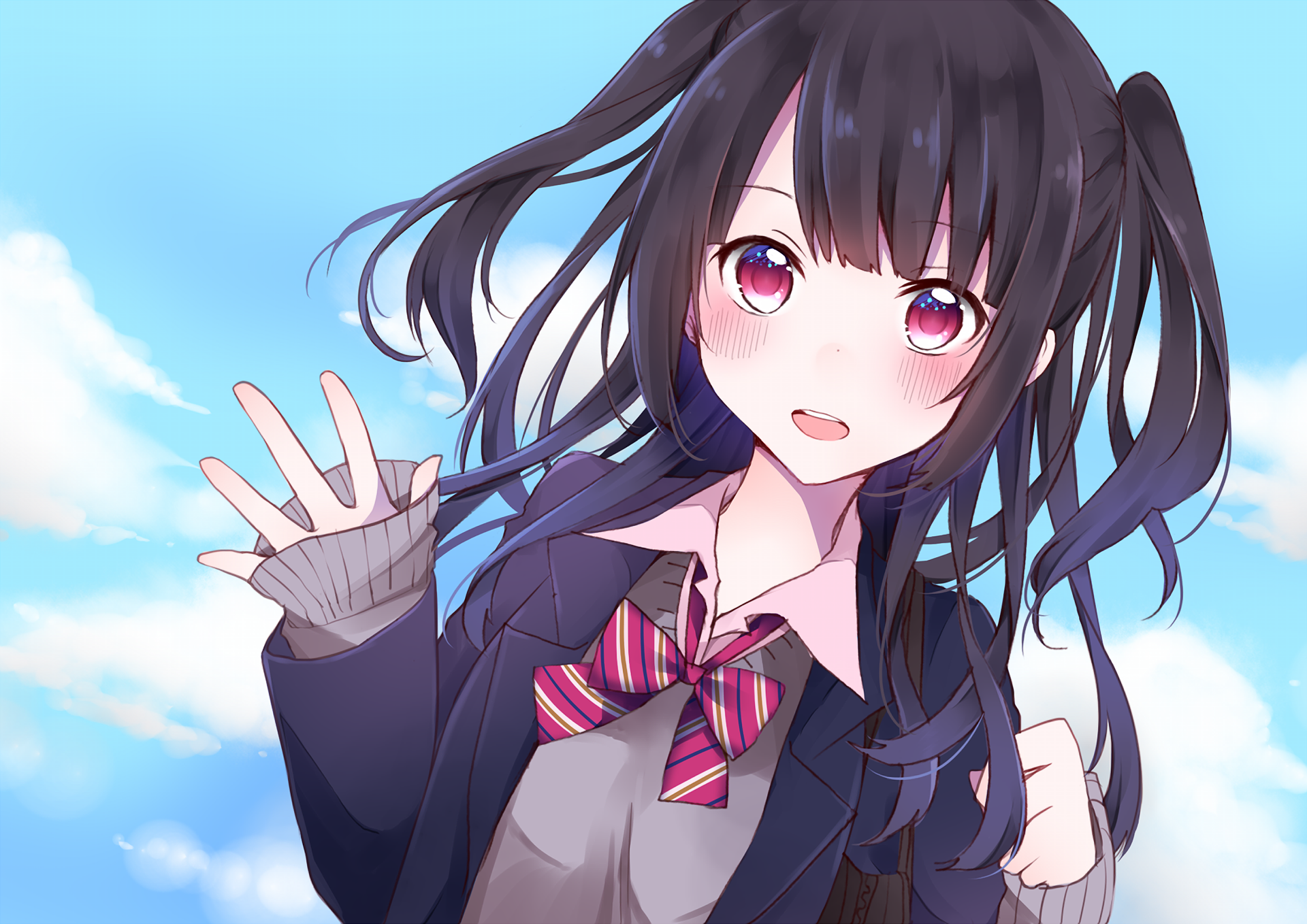 HD anime-style PC desktop wallpaper featuring an original character with dark twin-tail hair, a school uniform, and a bright blue sky background.
