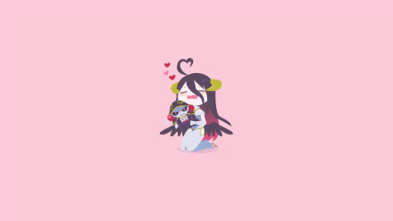 HD anime-style PC desktop wallpaper featuring a cute chibi character from Overlord hugging a plush toy against a soft pink background.