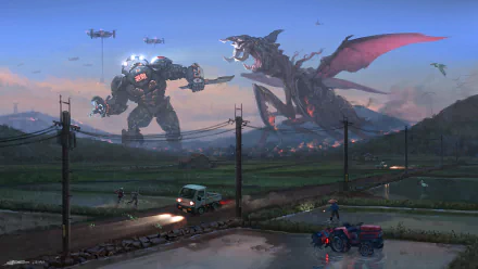 A 4K Ultra HD Sci-Fi battle scene featuring a towering mecha robot facing off against a massive alien monster creature at dusk on a rural PC desktop wallpaper background.