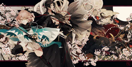 HD Fate/Grand Order wallpaper of Hijikata Toshizō and Okita Souji amid cherry blossoms, skull motif, and dark ornamental anime composition.