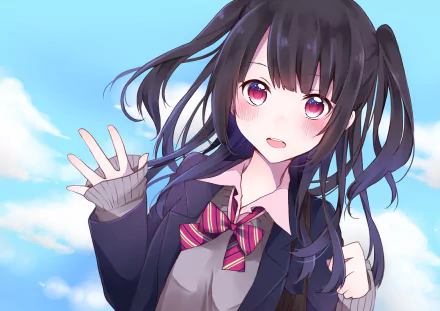 HD anime-style PC desktop wallpaper featuring an original character with dark twin-tail hair, a school uniform, and a bright blue sky background.
