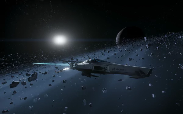 Razor (Star Citizen) ship flying through an asteroid belt past a sun and planet — space scene from the video game Star Citizen. 4K Ultra HD PC desktop wallpaper.
