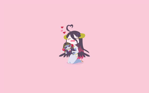 HD anime-style PC desktop wallpaper featuring a cute chibi character from Overlord hugging a plush toy against a soft pink background.