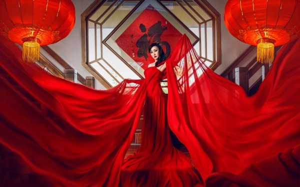 Women Asian Model Red Dress Black Hair Lipstick Oriental HD Wallpaper | Background Image