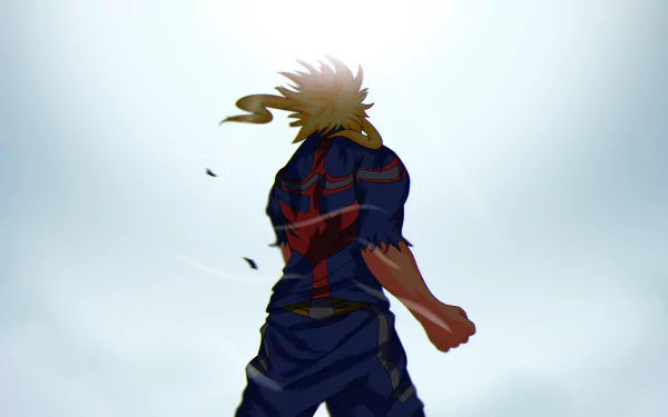 4K Ultra HD wallpaper featuring All Might, aka Toshinori Yagi, from the anime My Hero Academia, depicted standing strong against a bright, minimalist background.
