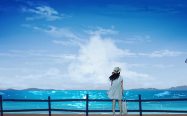Anime Original Long Hair Brown Hair Hat Bag Sea HD Wallpaper | Background Image