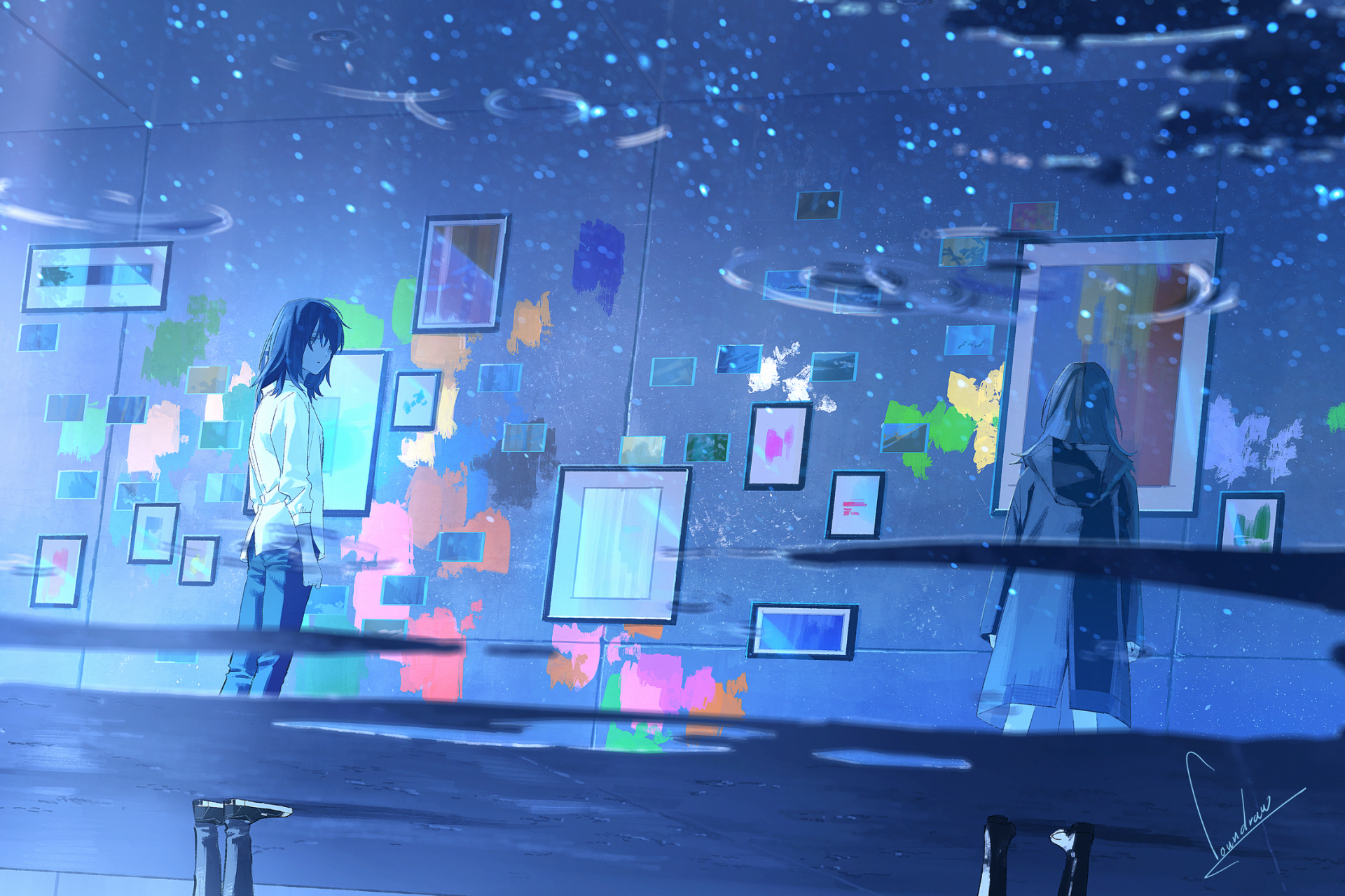 HD desktop wallpaper and background featuring an original anime artwork. Two characters are inside a room with various colorful frames and reflections, creating a captivating, ethereal atmosphere.