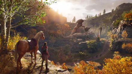 HD desktop wallpaper of Assassin's Creed Odyssey, featuring a character and horse overlooking a scenic, autumnal valley with ancient ruins under a dramatic sky.