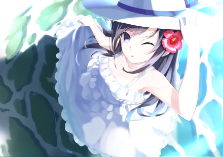 Anime-style 4K Ultra HD wallpaper of a long-haired black-haired girl with blue eyes, winking on a beach, wearing a hat and a white dress adorned with a red flower.