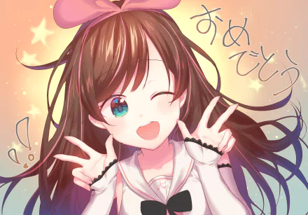 Kizuna AI anime portrait winking and flashing peace signs against a pastel glow, handwritten Japanese text visible — 2K Quad HD PC desktop wallpaper (AI Channel)