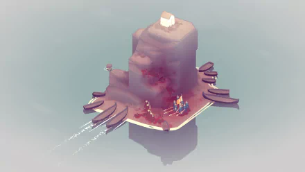 An HD desktop wallpaper featuring a scene from the video game Bad North, showcasing an island with a house, boats, and a striking landscape, capturing the game's unique art style.