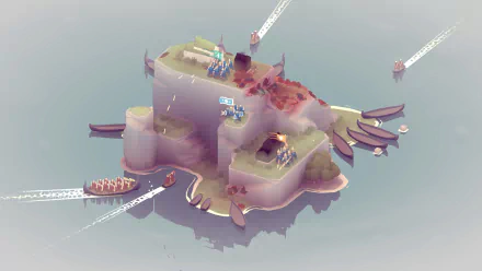 HD desktop wallpaper from Bad North showing a stylized battle on a small island with incoming boats and simplistic military units.