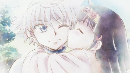 HD wallpaper featuring Killua Zoldyck winking while hugging Alluka Zoldyck from the anime Hunter x Hunter, with a soft pastel background.
