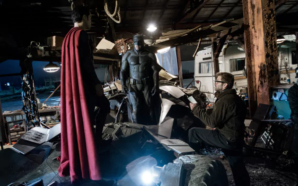 5K Ultra HD PC wallpaper: Batman and Superman face off amid wreckage on a film set — a behind-the-scenes shot from Zack Snyder's Batman v Superman: Dawn of Justice.