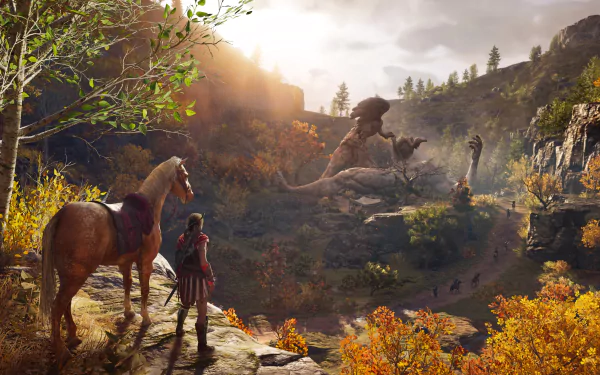 HD desktop wallpaper of Assassin's Creed Odyssey, featuring a character and horse overlooking a scenic, autumnal valley with ancient ruins under a dramatic sky.