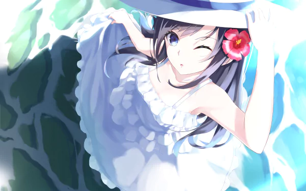 Anime-style 4K Ultra HD wallpaper of a long-haired black-haired girl with blue eyes, winking on a beach, wearing a hat and a white dress adorned with a red flower.