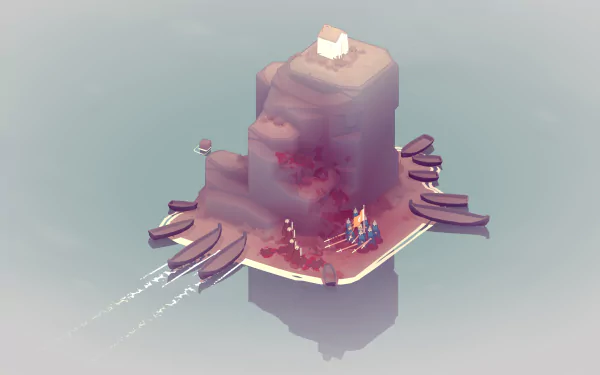 An HD desktop wallpaper featuring a scene from the video game Bad North, showcasing an island with a house, boats, and a striking landscape, capturing the game's unique art style.