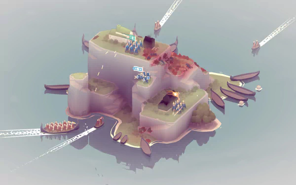 HD desktop wallpaper from Bad North showing a stylized battle on a small island with incoming boats and simplistic military units.