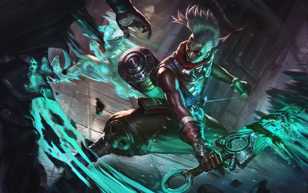 HD PC desktop wallpaper featuring Ekko from League of Legends in dynamic action with glowing blue effects in a dark, urban environment from the video game.