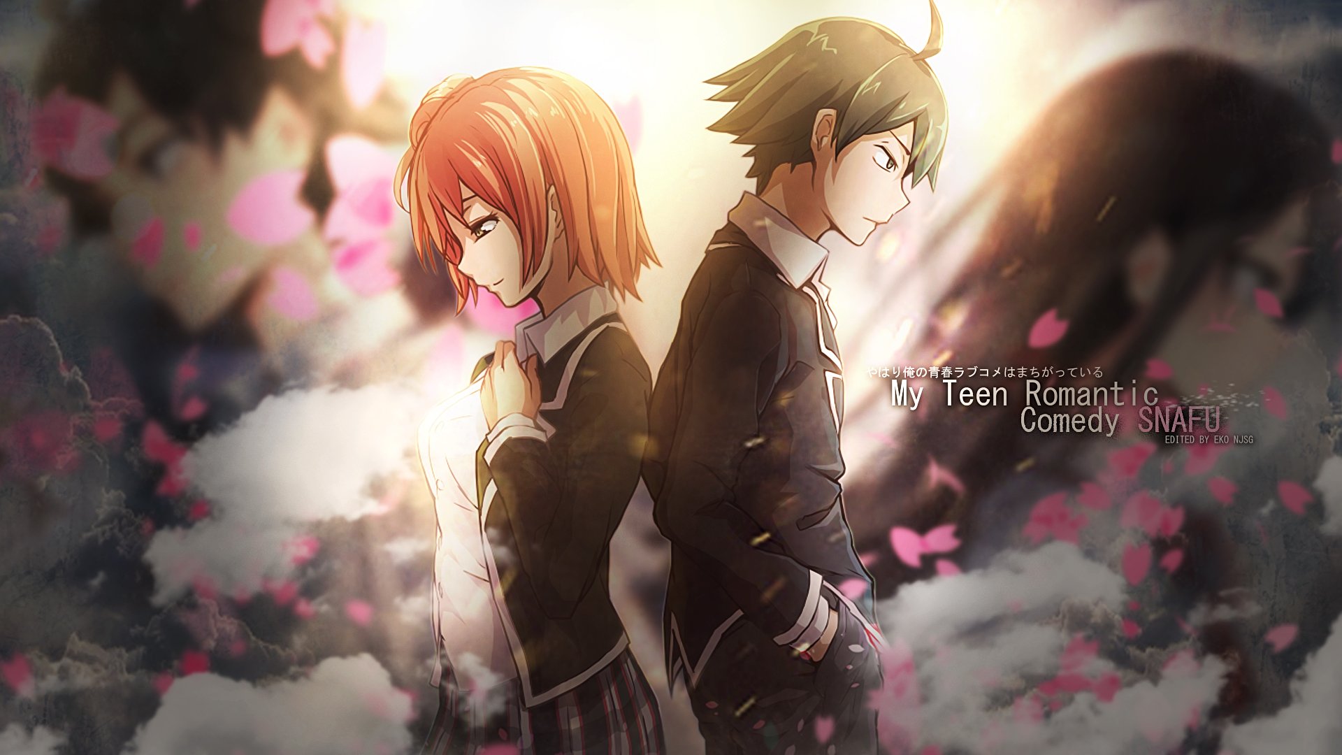 HD PC desktop wallpaper featuring Iroha Isshiki and Hachiman Hikigaya from the anime My Teen Romantic Comedy SNAFU, set against a soft, glowing background with pink petals.