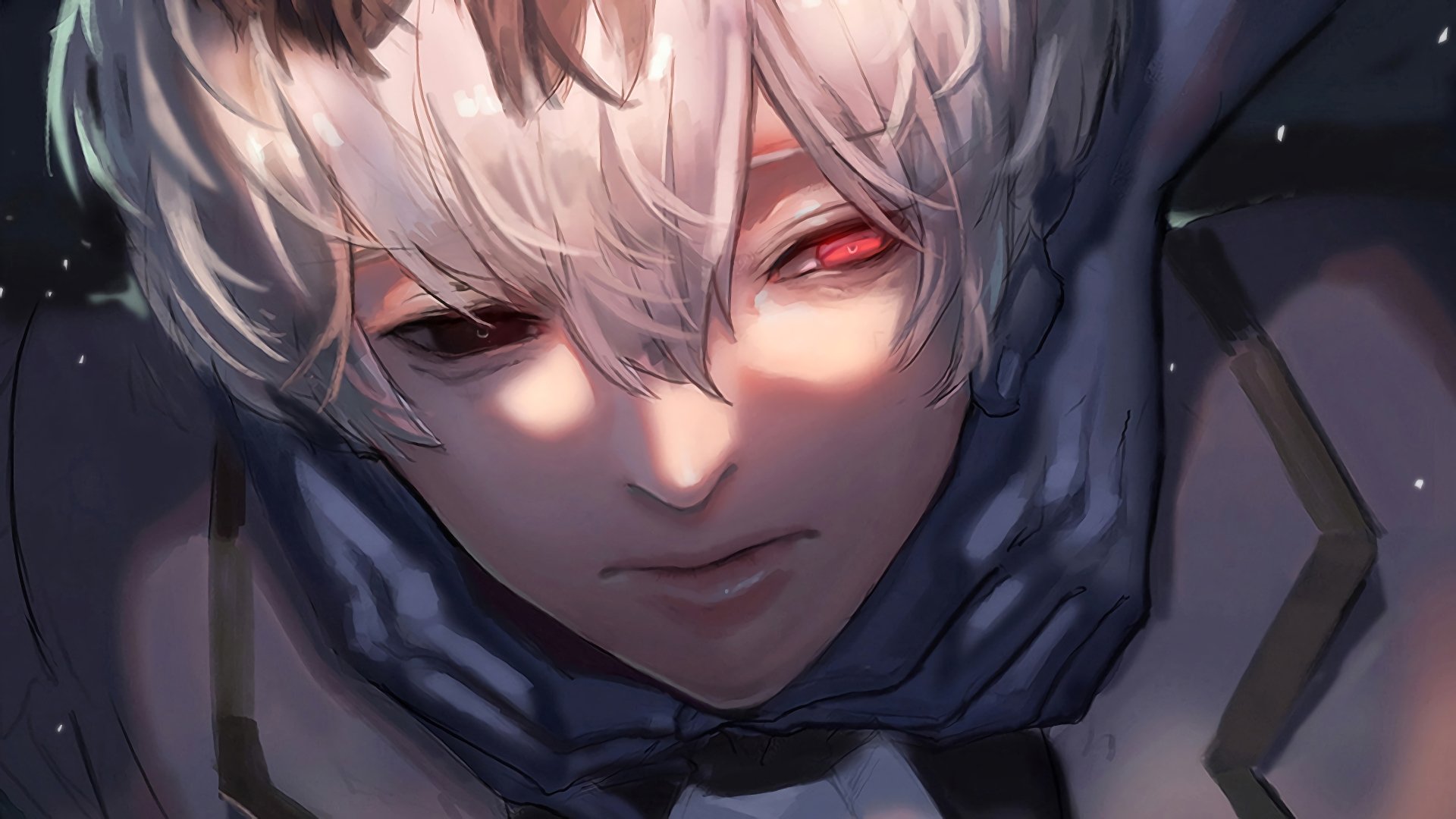 Close-up 4K Ultra HD anime wallpaper featuring Ken Kaneki and Haise Sasaki from Tokyo Ghoul:re, showcasing intense red eyes and detailed shading.