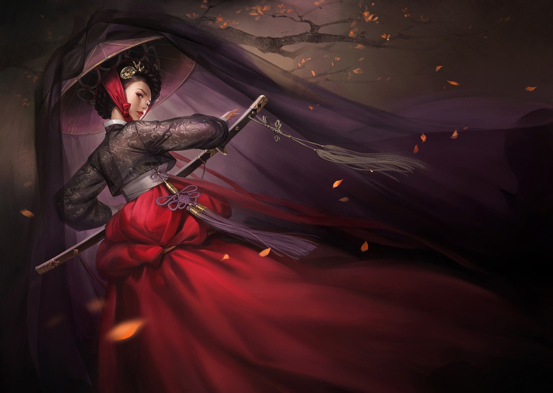 A fierce woman warrior in an oriental outfit and Asian conical hat wields a katana sword, surrounded by swirling dark fabric and glowing embers in a fantasy HD wallpaper.