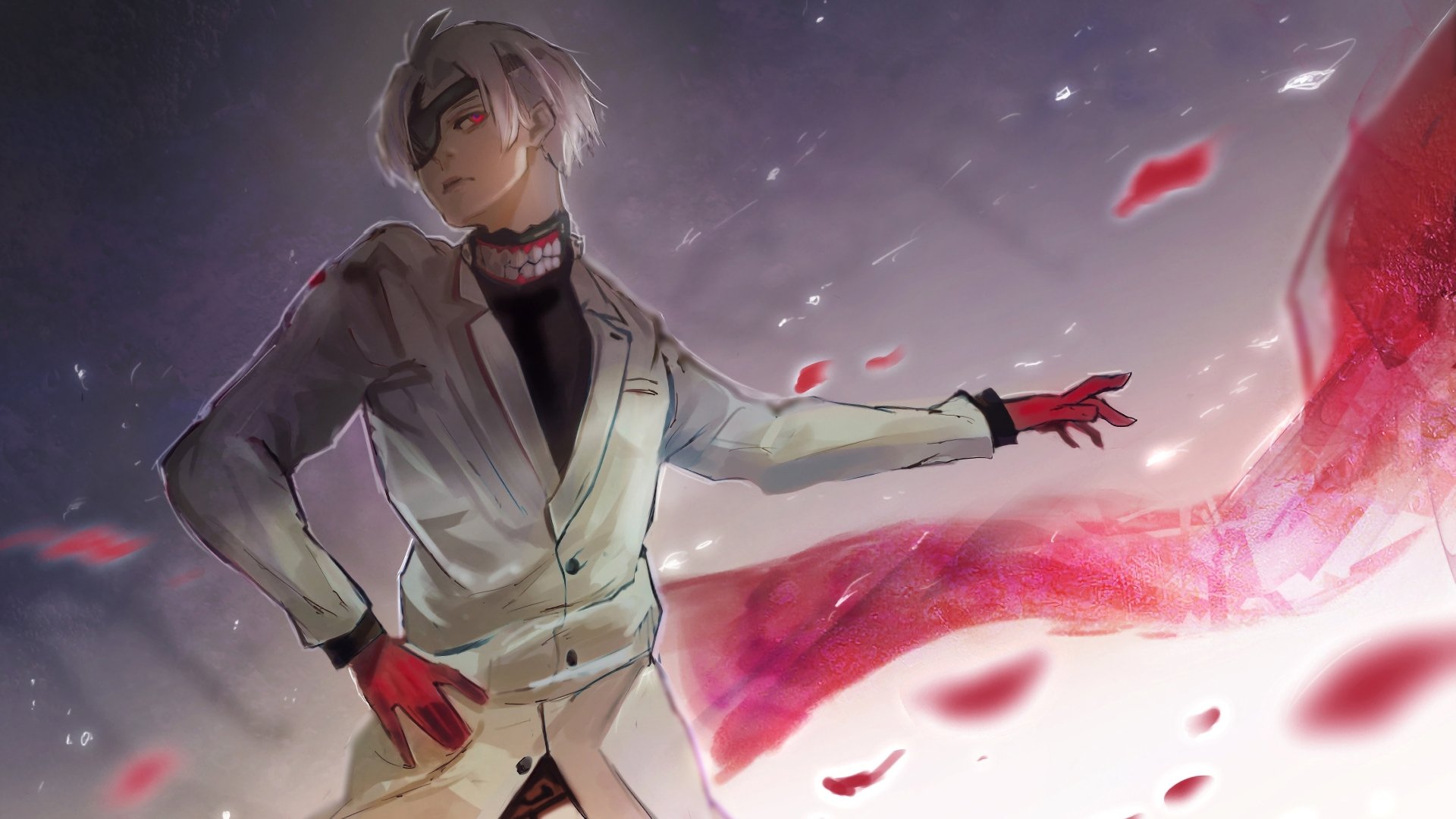 Haise Sasaki from Tokyo Ghoul:re with his glowing red Kagune, depicted in a dramatic anime-style 4K Ultra HD desktop wallpaper background.