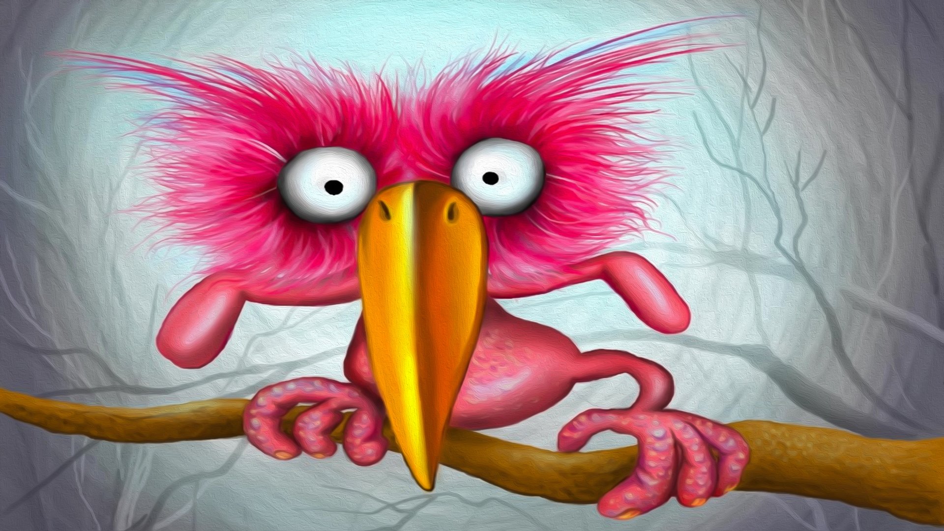 A vibrant, artistic cartoon bird with bright pink feathers and large eyes perched on a branch, designed as a 4K Ultra HD PC desktop wallpaper.