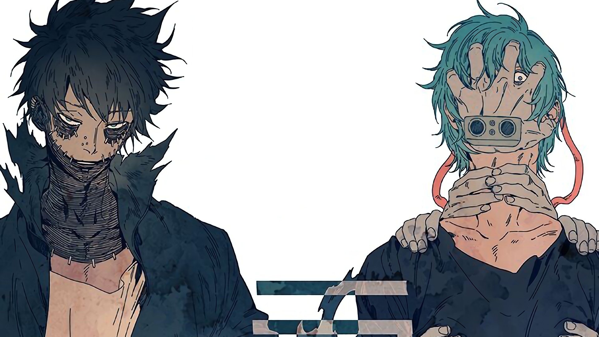 4K Ultra HD PC desktop wallpaper: Tomura Shigaraki and Dabi (My Hero Academia) standing side-by-side, grungy outfits and unsettling expressions on a pale backdrop.