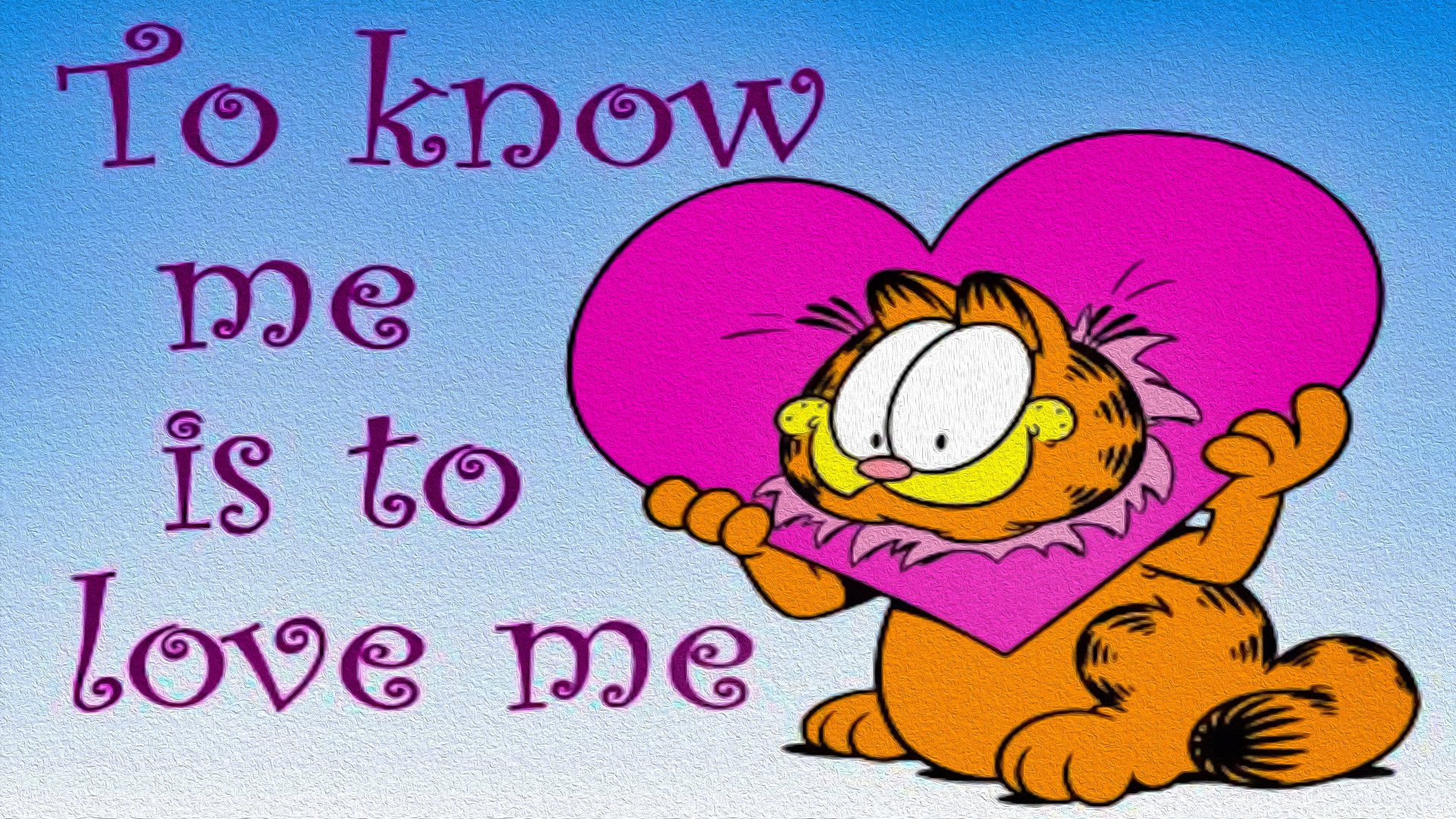 Cartoon comic Garfield holding a big pink heart beside the words To know me is to love me — 4K Ultra HD PC desktop wallpaper background.