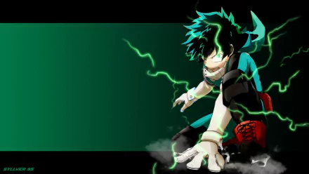 HD desktop wallpaper featuring Izuku Midoriya from My Hero Academia. He has striking green hair and is surrounded by green lightning, readying for action against a minimalist green and black background.