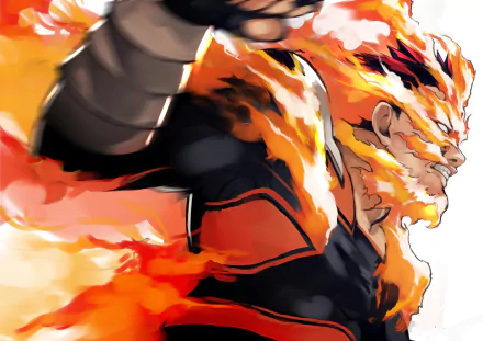 HD desktop wallpaper featuring Endeavor (Enji Todoroki) from My Hero Academia, characterized by his red hair, white eyes, and flame abilities. Endeavor is depicted in an action pose surrounded by orange flames.
