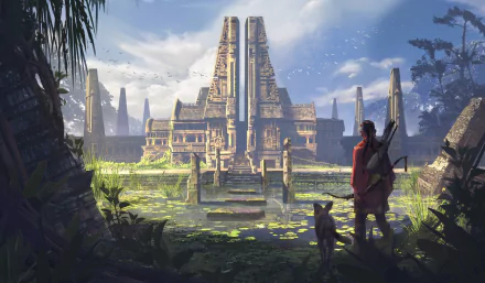 HD desktop wallpaper of a fantasy scene featuring a hunter with a dog standing before a majestic temple surrounded by lush greenery and water.