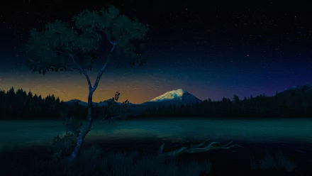 Artistic 4K Ultra HD desktop wallpaper depicting a serene night scene with a glowing starry sky, silhouetted tree, and a distant snow-capped mountain.
